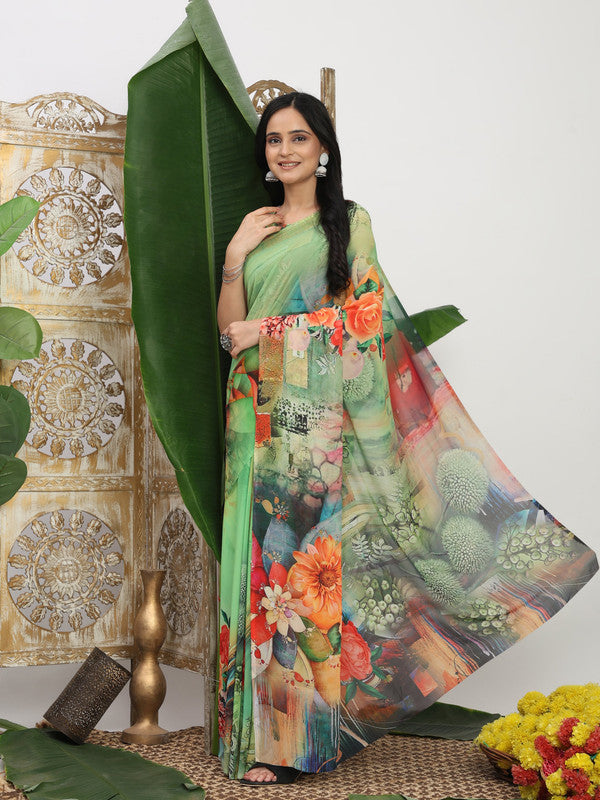 Shivam Fabrics Green Georgette Fabric Printed Saree | Grocsy