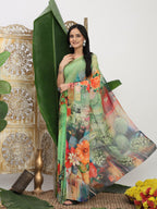 Shivam Fabrics Green Georgette Fabric Printed Saree | Grocsy