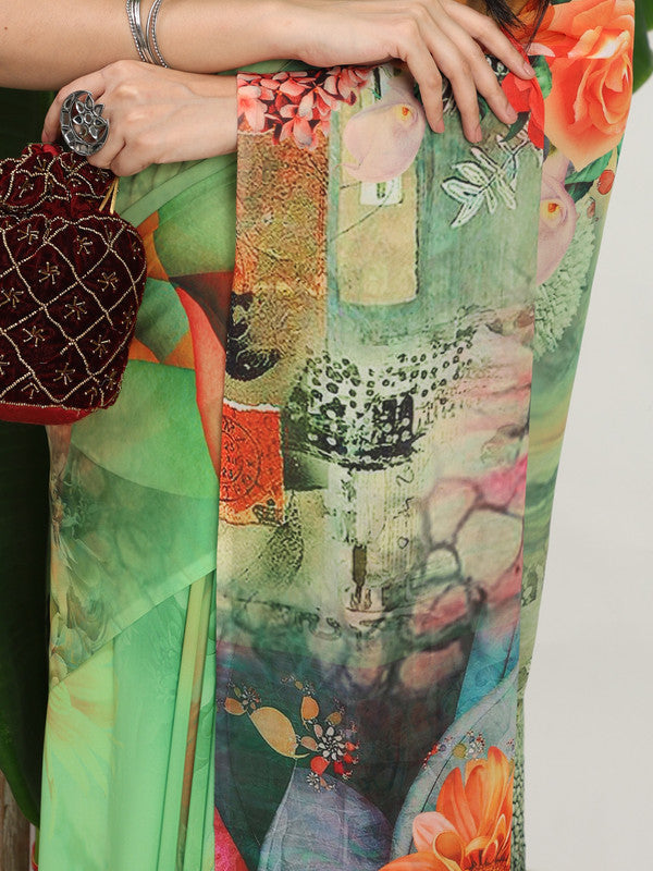 Shivam Fabrics Green Georgette Fabric Printed Saree | Grocsy