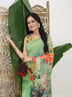 Shivam Fabrics Green Georgette Fabric Printed Saree | Grocsy