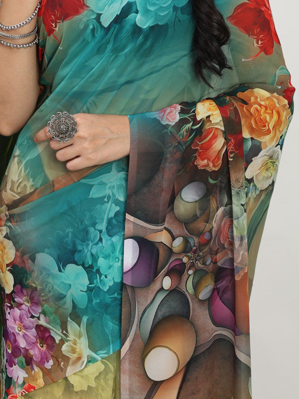 Shivam Fabrics Multi Color Georgette Fabric Printed Saree | Grocsy