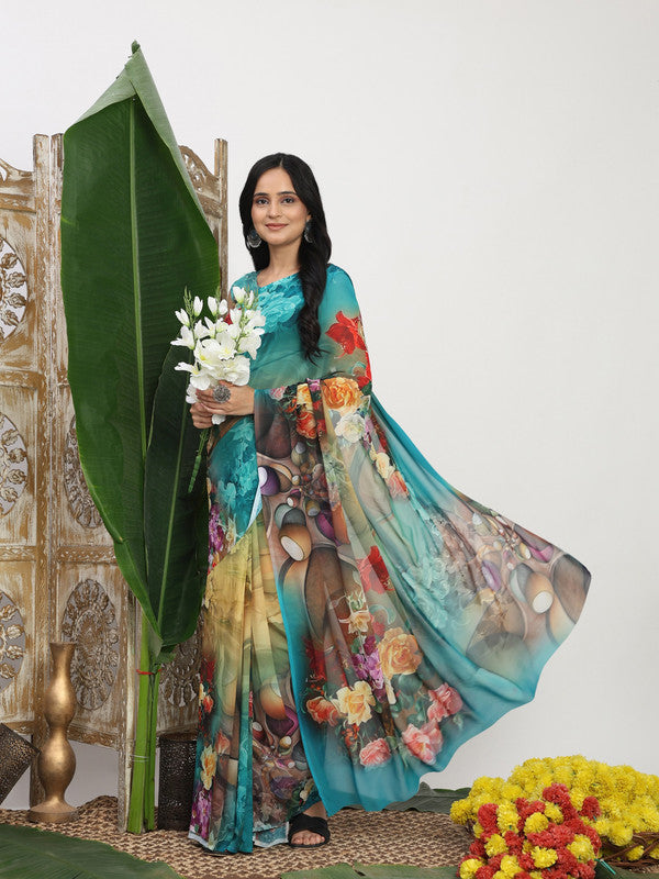 Shivam Fabrics Multi Color Georgette Fabric Printed Saree | Grocsy