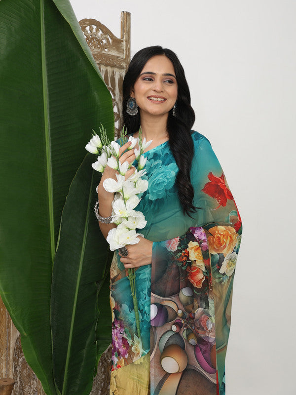 Shivam Fabrics Multi Color Georgette Fabric Printed Saree | Grocsy