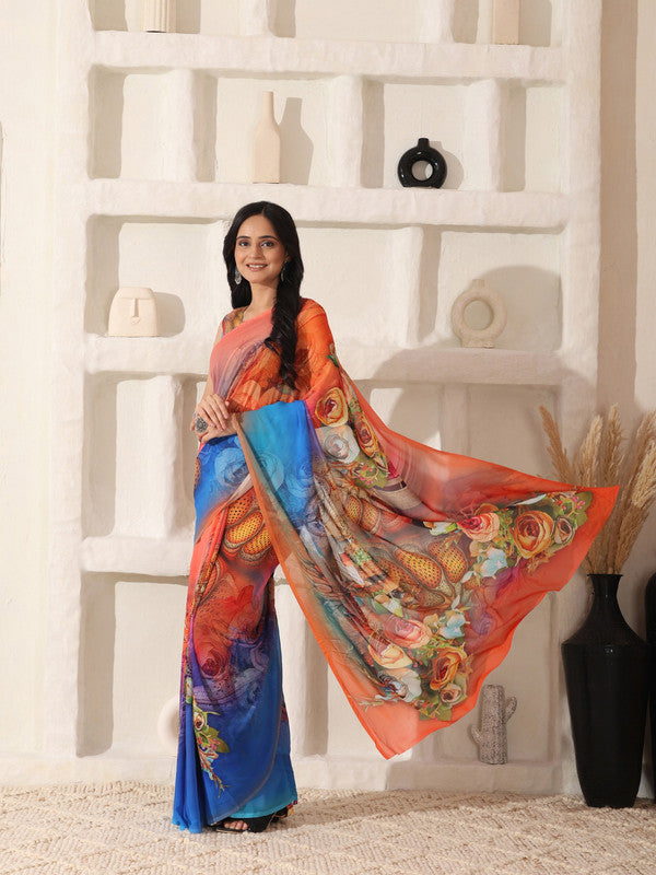 Shivam Fabrics Red Georgette Fabric Printed Saree | Grocsy