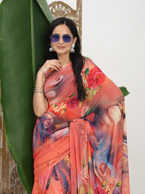 Shivam Fabrics Pink Georgette Fabric Printed Saree | Grocsy