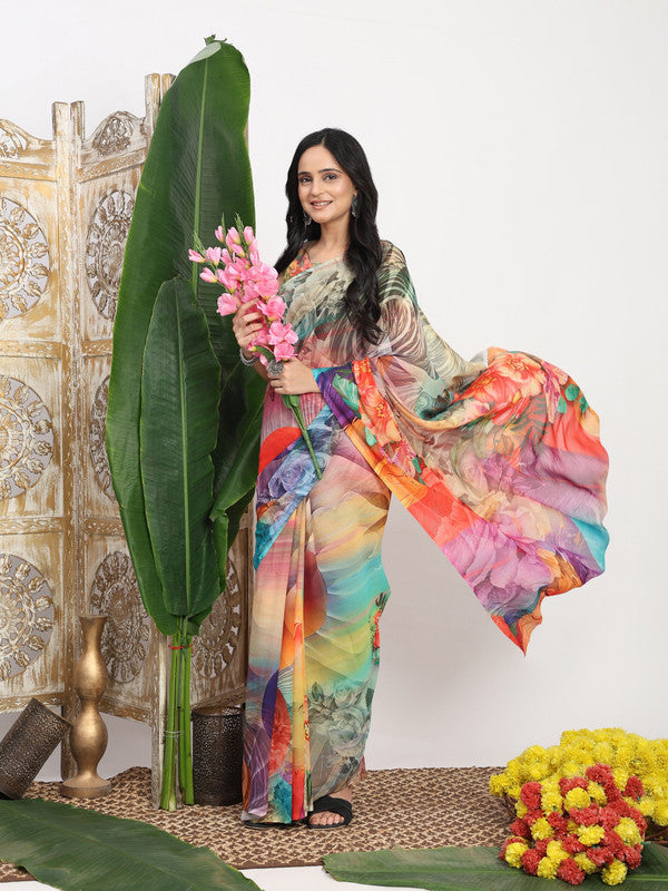Shivam Fabrics Multi Color Georgette Fabric Printed Saree | Grocsy