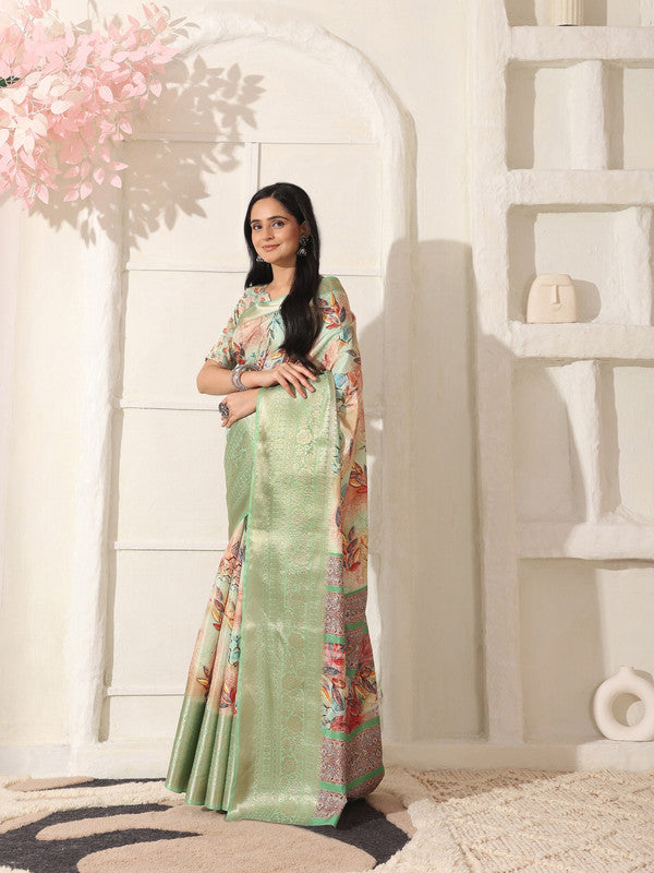 Shivam Fabrics Green Lichi Patta Fabric Printed Saree | Grocsy