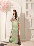 Shivam Fabrics Green Lichi Patta Fabric Printed Saree | Grocsy