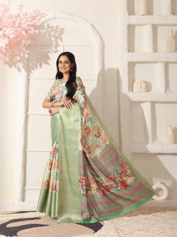Shivam Fabrics Green Lichi Patta Fabric Printed Saree | Grocsy