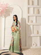Shivam Fabrics Green Lichi Patta Fabric Printed Saree | Grocsy