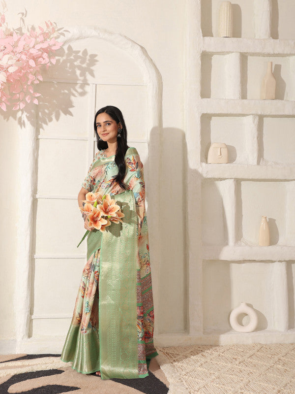 Shivam Fabrics Green Lichi Patta Fabric Printed Saree | Grocsy