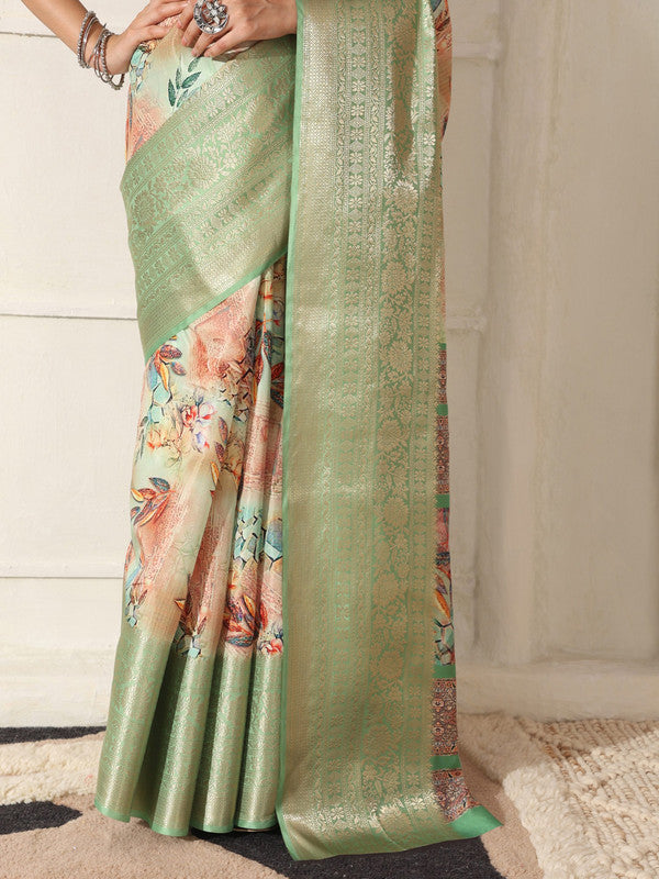 Shivam Fabrics Green Lichi Patta Fabric Printed Saree | Grocsy