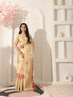 Shivam Fabrics Beige Lichi Patta Fabric Printed Saree | Grocsy