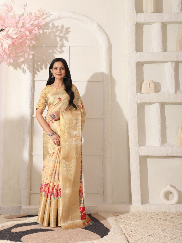 Shivam Fabrics Beige Lichi Patta Fabric Printed Saree | Grocsy