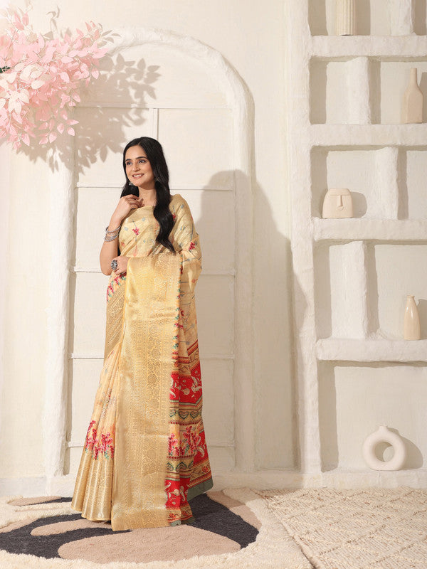 Shivam Fabrics Beige Lichi Patta Fabric Printed Saree | Grocsy