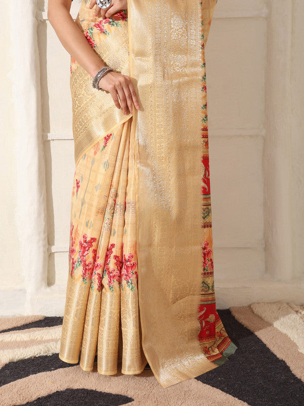 Shivam Fabrics Beige Lichi Patta Fabric Printed Saree | Grocsy