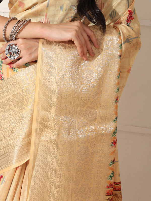 Shivam Fabrics Beige Lichi Patta Fabric Printed Saree | Grocsy