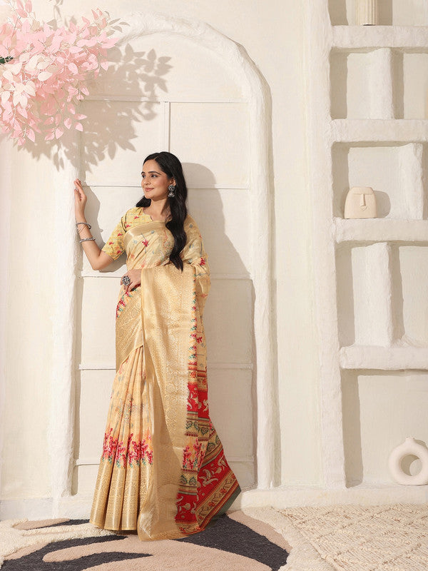 Shivam Fabrics Beige Lichi Patta Fabric Printed Saree | Grocsy