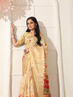 Shivam Fabrics Beige Lichi Patta Fabric Printed Saree | Grocsy