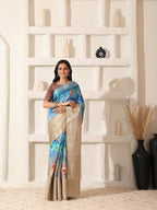 Shivam Fabrics Sky Blue Lichi Patta Fabric Printed Saree | Grocsy