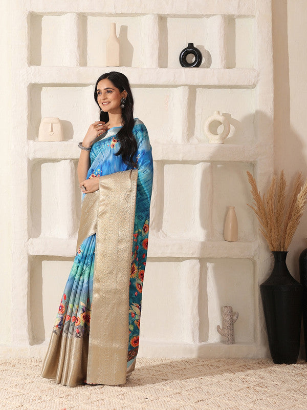 Shivam Fabrics Sky Blue Lichi Patta Fabric Printed Saree | Grocsy