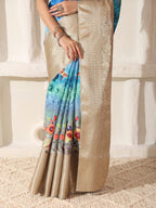 Shivam Fabrics Sky Blue Lichi Patta Fabric Printed Saree | Grocsy