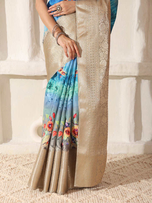 Shivam Fabrics Sky Blue Lichi Patta Fabric Printed Saree | Grocsy