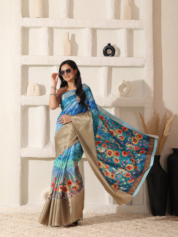 Shivam Fabrics Sky Blue Lichi Patta Fabric Printed Saree | Grocsy