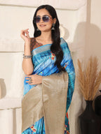 Shivam Fabrics Sky Blue Lichi Patta Fabric Printed Saree | Grocsy