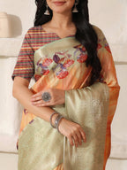 Shivam Fabrics Peach Lichi Patta Fabric Printed Saree | Grocsy