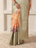 Shivam Fabrics Peach Lichi Patta Fabric Printed Saree | Grocsy