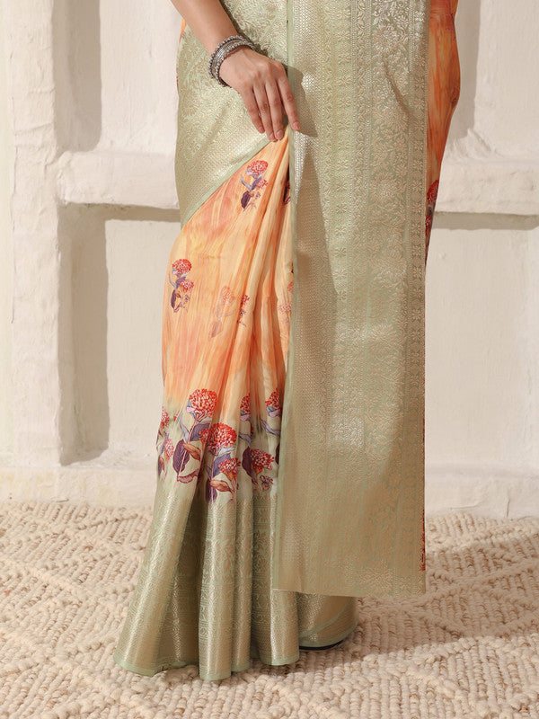 Shivam Fabrics Peach Lichi Patta Fabric Printed Saree | Grocsy