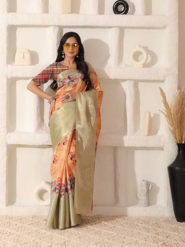 Shivam Fabrics Peach Lichi Patta Fabric Printed Saree | Grocsy