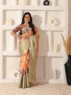 Shivam Fabrics Peach Lichi Patta Fabric Printed Saree | Grocsy