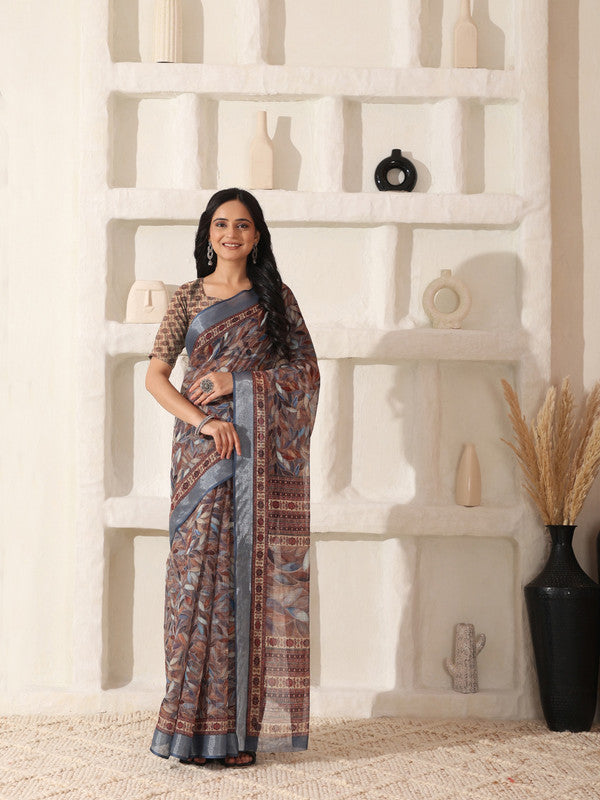 Shivam Fabrics Brown Linen Fabric Printed Saree | Grocsy