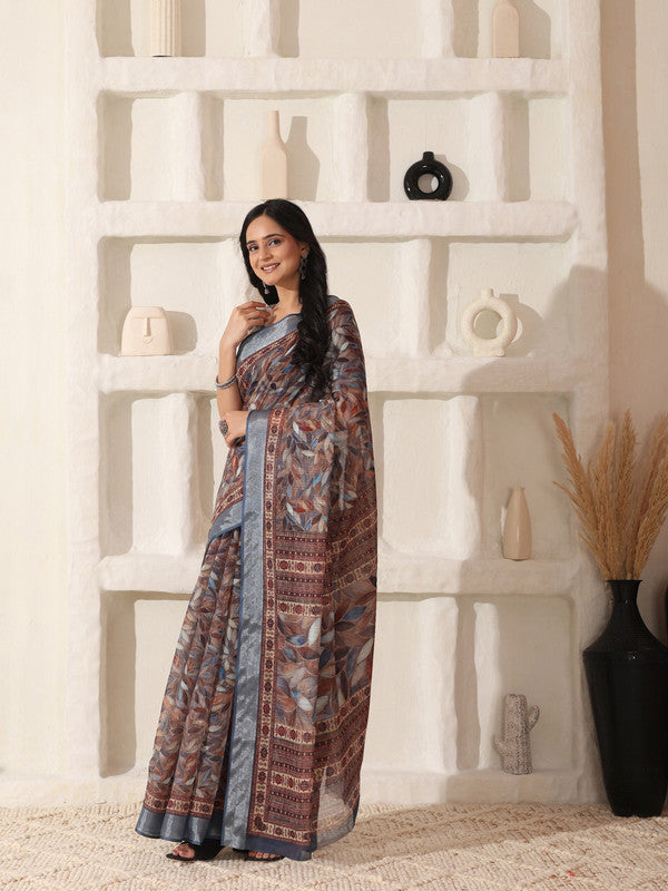 Shivam Fabrics Brown Linen Fabric Printed Saree | Grocsy