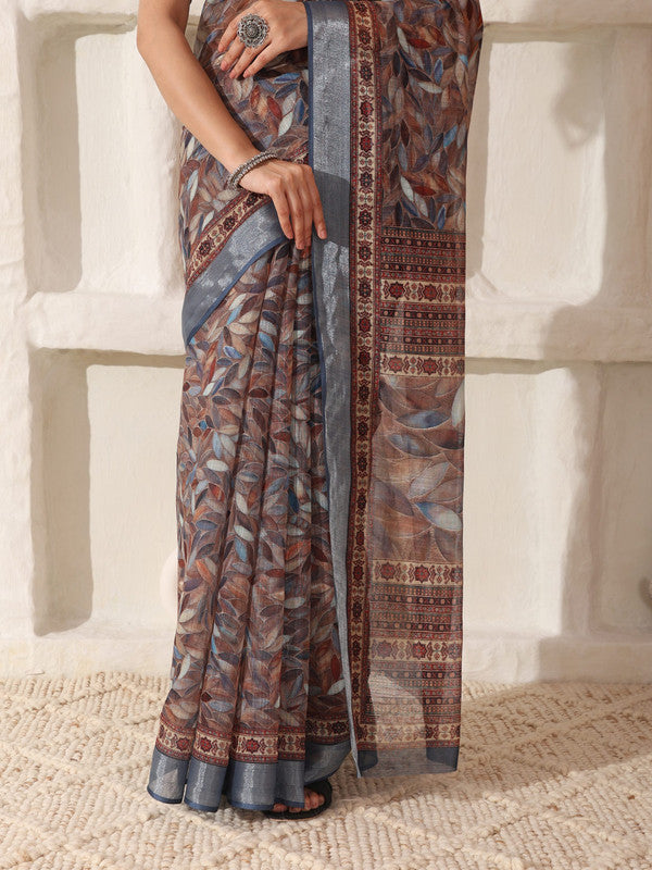 Shivam Fabrics Brown Linen Fabric Printed Saree | Grocsy