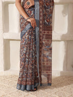 Shivam Fabrics Brown Linen Fabric Printed Saree | Grocsy