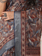 Shivam Fabrics Brown Linen Fabric Printed Saree | Grocsy