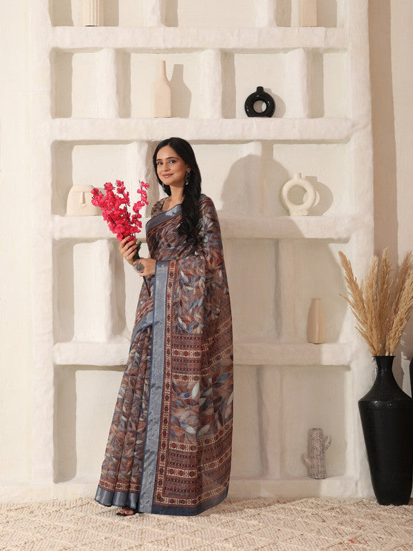 Shivam Fabrics Brown Linen Fabric Printed Saree | Grocsy
