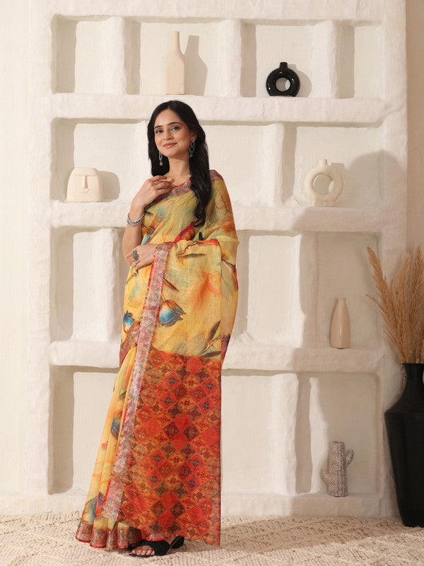 Shivam Fabrics Yellow Linen Fabric Printed Saree | Grocsy