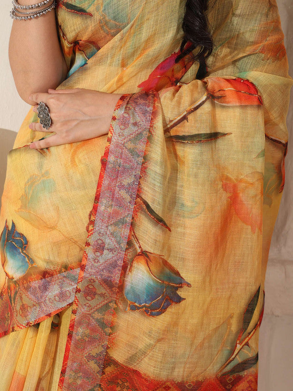 Shivam Fabrics Yellow Linen Fabric Printed Saree | Grocsy