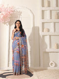 Shivam Fabrics Purple Linen Fabric Printed Saree | Grocsy