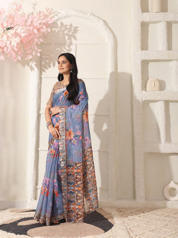 Shivam Fabrics Purple Linen Fabric Printed Saree | Grocsy