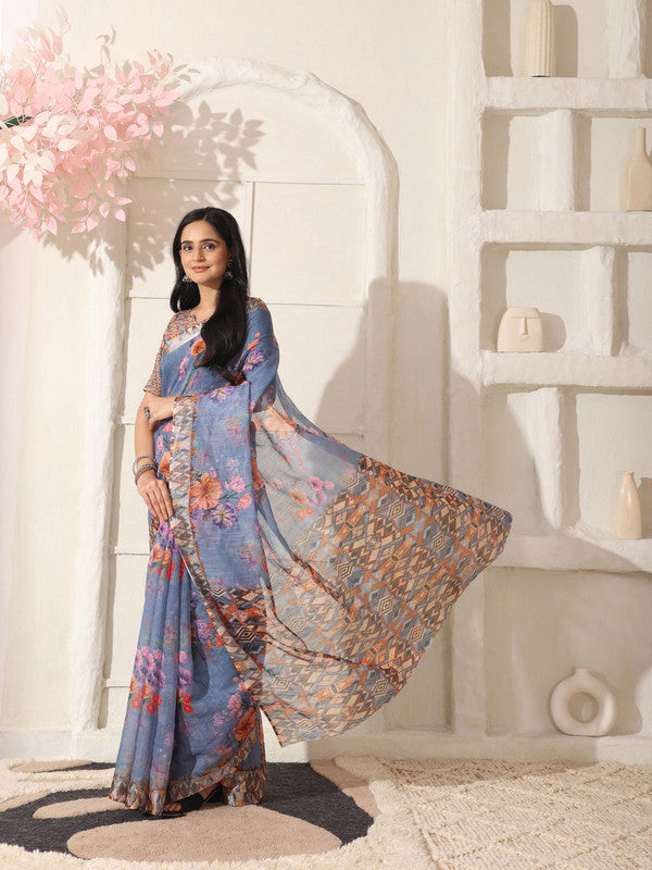Shivam Fabrics Purple Linen Fabric Printed Saree | Grocsy
