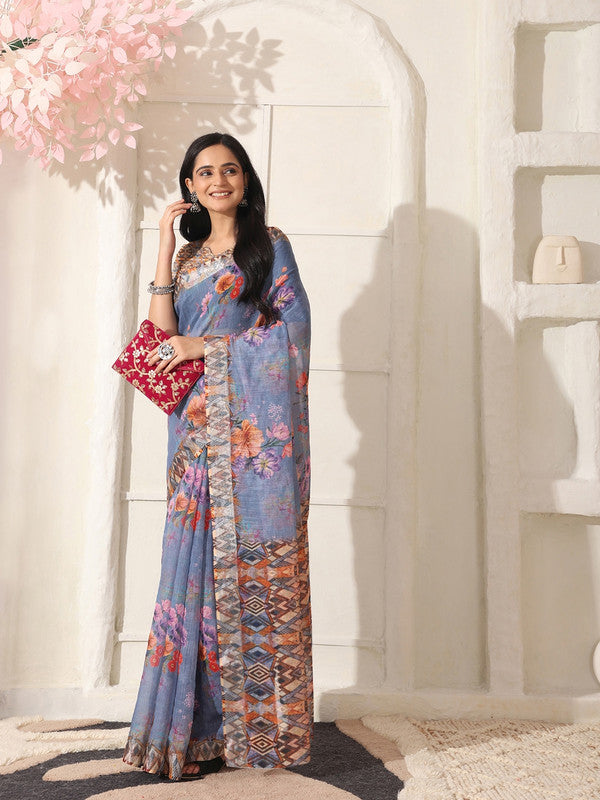 Shivam Fabrics Purple Linen Fabric Printed Saree | Grocsy