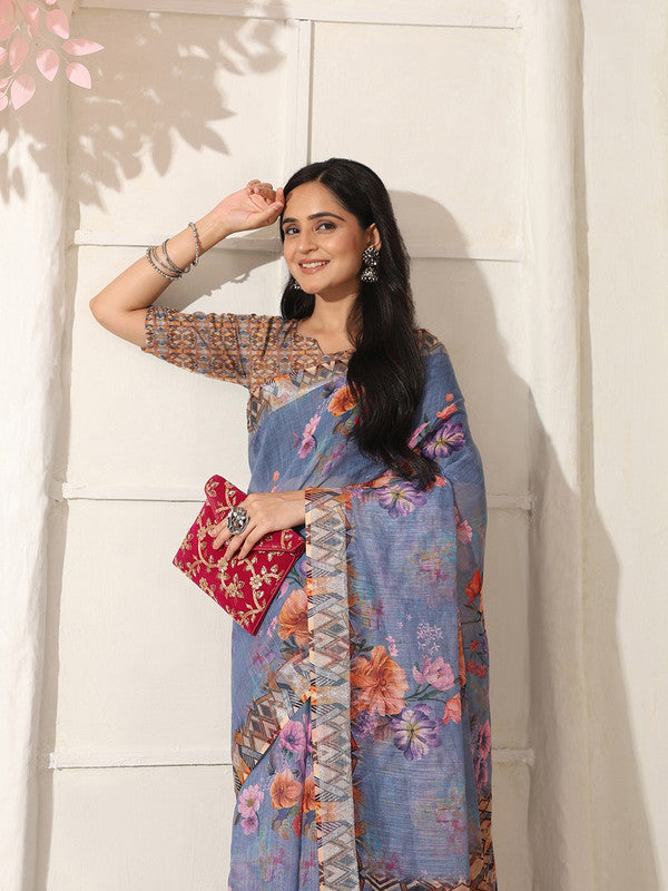 Shivam Fabrics Purple Linen Fabric Printed Saree | Grocsy