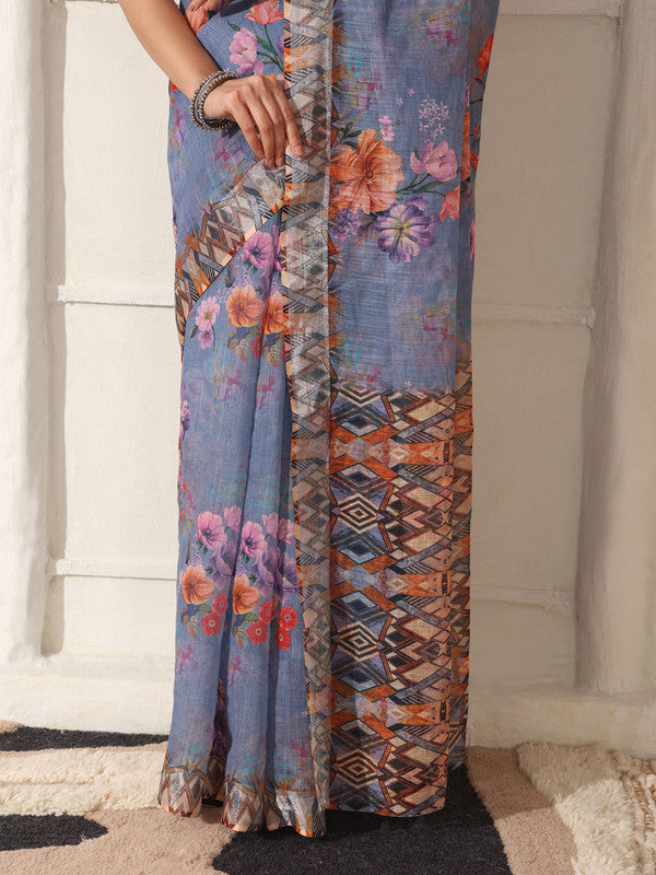 Shivam Fabrics Purple Linen Fabric Printed Saree | Grocsy