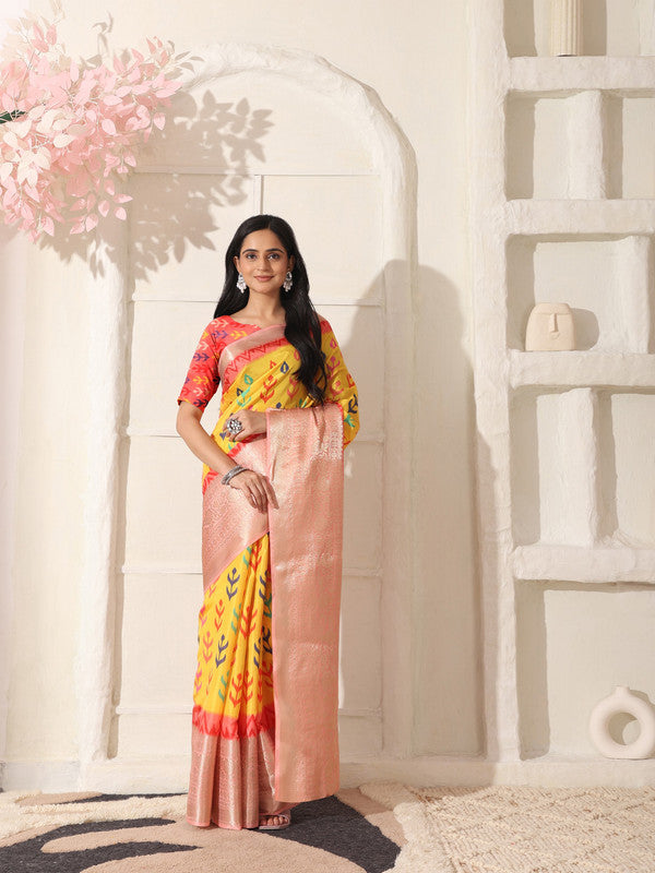 Shivam Fabrics Yellow Lichi Patta Fabric Printed Saree | Grocsy
