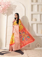 Shivam Fabrics Yellow Lichi Patta Fabric Printed Saree | Grocsy